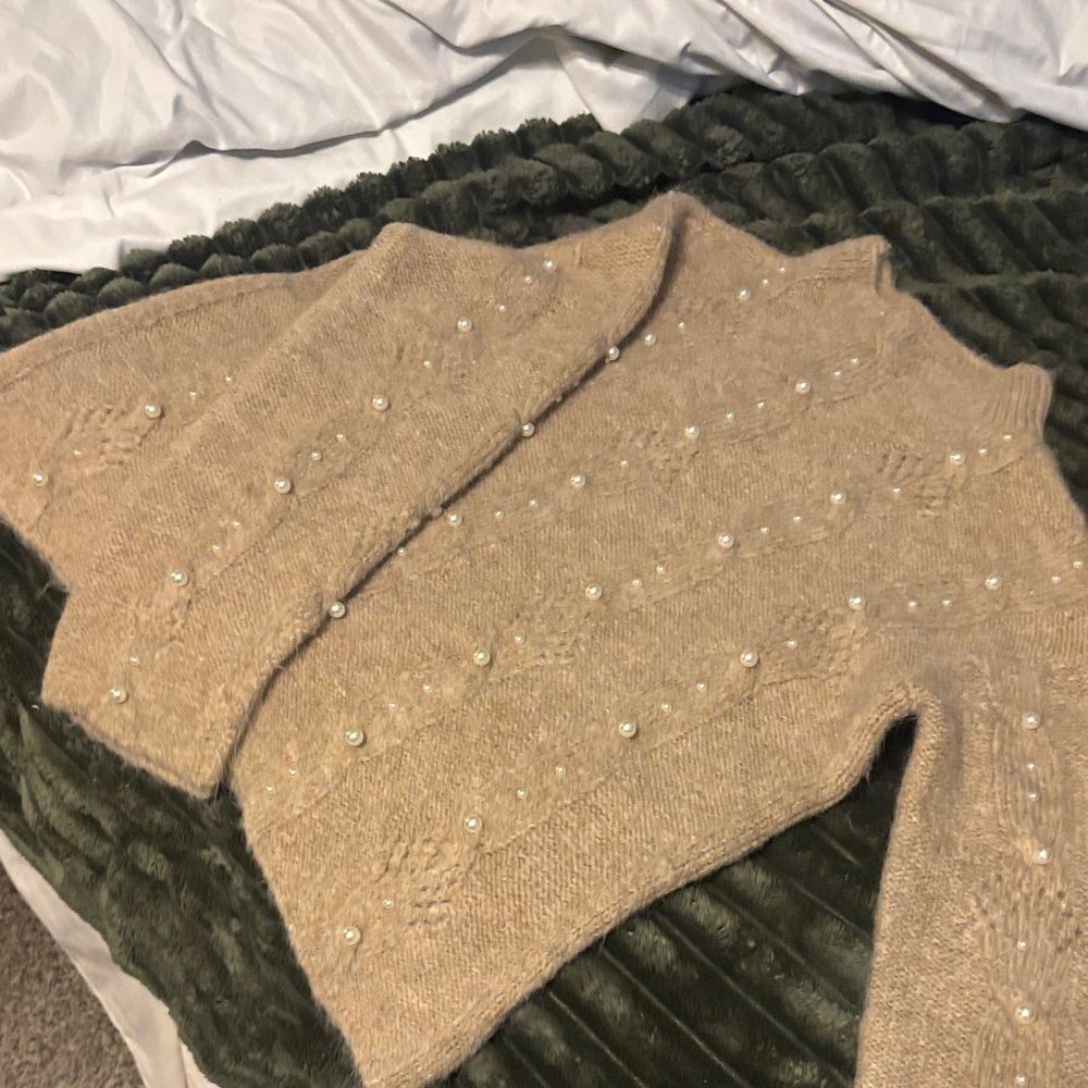 Elegant Tan Sweater with Pearl Accents
